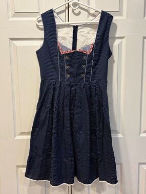 Clearlove Navy Polka Dot Dirndl Dress Floral Trim - Ren Faire or Octoberfest